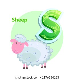 Letter S for Sheep cartoon alphabet for children. Volume symbol with star pattern, ewe with fleecy and soft wool and pink muzzle, vector icon isolated