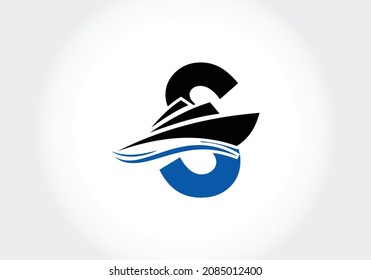 Letter S with the ship, cruise, or boat logo design template, icon sign symbol ocean waves vector illustration.