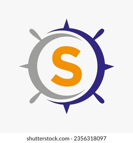 Letter S Ship Logo Concept With Ship Wheel Sign Vector Template