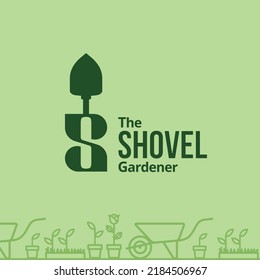 Letter S with shovel garden tool, landscaping garden farm logo design concept. Vector illustration