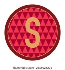 The letter S showcased in a circular frame with a rich maroon outline. The red background and geometric triangle patterns create a bold and professional look for diverse uses.