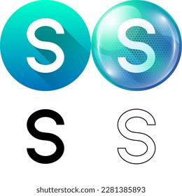 Letter S (Sierra) Capital Uppercase Modern English Alphabet Icon Set of Circular Round Long Shadow, Futuristic Bubble, Black-White Silhouette, Line Art Isolated on White Background