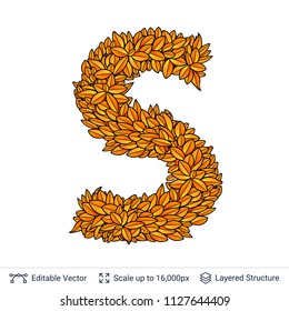 Letter S sign of autumn leaves. Fall bright orange leaves element. 