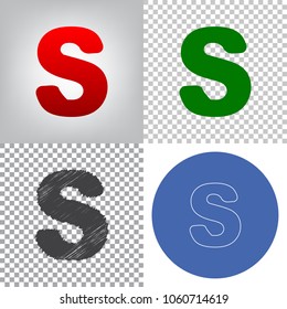 Letter S sign design template element. Vector. 4 styles. Red gradient in radial lighted background, green flat and gray scribble icons on transparent and linear one in blue circle.