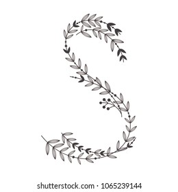 Letter S sign design template. A letter collected from branches with leaves. Black and white silhouette