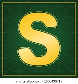 Letter S sign design template element. Golden icon with gold contour at dark green gridded background. Illustration.