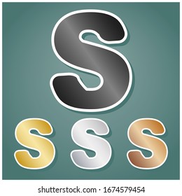 Letter S sign design template element. Set of metallic Icons with gray, gold, silver and bronze gradient with white contour and shadow at viridan background. Illustration.