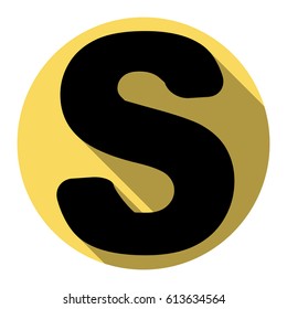 Letter S sign design template element. Vector. Flat black icon with flat shadow on royal yellow circle with white background. Isolated.