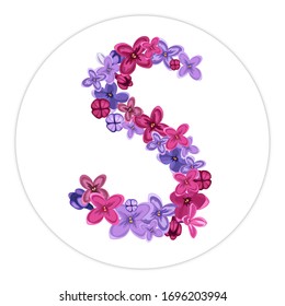 Letter S, sign, dollar symbol decorated with lilac flowers. Vector illustration in a round frame for the design of icons, social networks, template, banner.