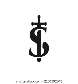 letter S with a silhouette of the sword. medieval logo theme.