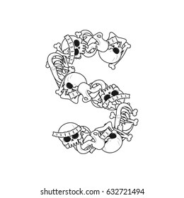 Letter S skeleton Bones Font. Anatomy of an alphabet symbol. dead ABC sign
