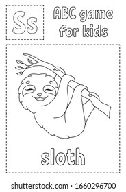 Letter S is for sloth. ABC game for kids. Alphabet coloring page. Cartoon character. Word and letter. Vector illustration.