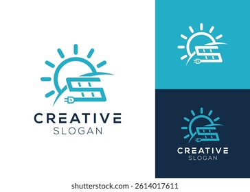 Letter S with solar panel, battery and sun logo design for electricity, energy and natural energy