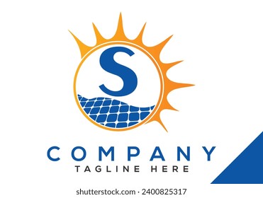 Letter S with solar panel and sun sign Logo Design Vector Template.