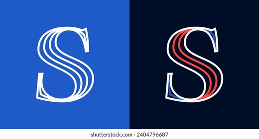 Letter S sport logo. Blue and red lines font. Patriotic emblem for Independence or Veterans Day. Serif type for college baseball team, basketball uniform, vintage style headlines, motorcycle magazine.