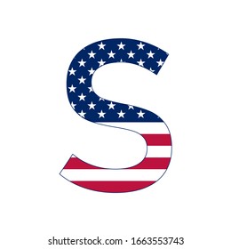 Letter S with stars and stripes. American flag lettering font.
Vector USA national flag style letter S.
Patriotic american element for poster, card, banner and background. 