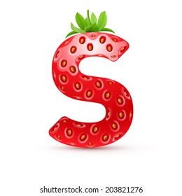 Letter S in strawberry style with green leaves