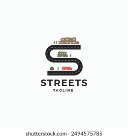 Letter S street road with homes and mansion, journey to wealth logo vector illustration