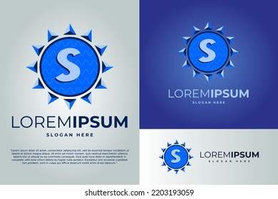 letter S and Sun with waves Logo design vector illustration template. badge logo. Sun logo design template. badge logo