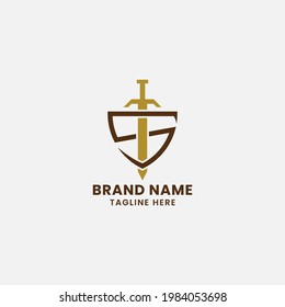 Letter S and Sword on Shield Monogram Initial Logo in White Background