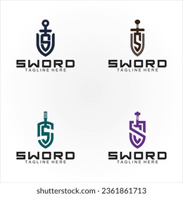 Diseño del logotipo de la espada y el escudo de la letra S 