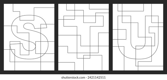 Geometrische Buchstaben S, T und U, Vektorgrafik für Kinderfarbbücher