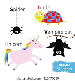 Letter S T U V Spider Turtle Unicorn Vampire bat Zoo alphabet. English abc with animals Education cards for kids Isolated White background Flat design Vector illustration