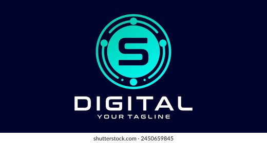 letter S technology logo. Digital font vector design for industry with circuit circles and dots, for digital, technology,data