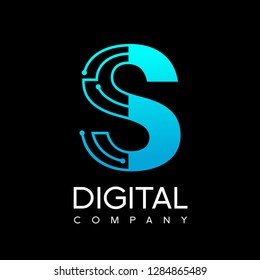 Letter S technology logo. Font digital vector design for industry with dot and blue color. Modern style with gradient. This logo is also suitable for machine business.