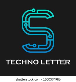 Plantilla de logotipo de tecnología de letra s. Tecnología de punto ausente y color azul gradiente. adecuado para la industria, web, ordenador, red, aplicación, móvil, medios médicos, eléctricos, energía, etc.