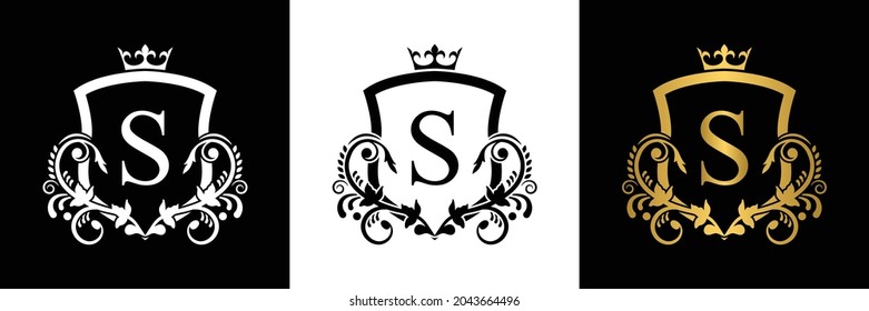Letra S del logotipo de la plantilla de la carta con corona. alfabeto. Hermosa carta de iniciales reales.
