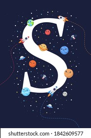 The letter S with the theme of outer space for Children. Letter graphic vector illustration for kids on outer space theme. space kids, letters for children.