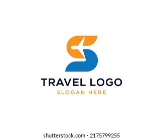 Recorrido de la letra S y logotipo de viaje con imagen vectorial del avión