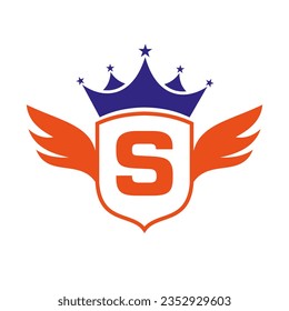Letter S Transportation Logo With Wing, Shield And Crown Icon. Wing Logo On Shield Symbol