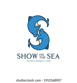 Letra S con dos símbolos circulares de delfín para el logotipo, logotipo de delfines animales del mar