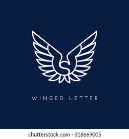 Letter S with two wings. Template for logo, label, emblem, sign, stamp. Vector illustration.