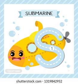 Letter S uppercase cute children colorful transportations ABC alphabet tracing flashcard of Submarine for kids learning English vocabulary and handwriting Vector Illustration.