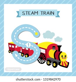Letter S uppercase cute children colorful transportations ABC alphabet tracing flashcard of Steam Train for kids learning English vocabulary and handwriting Vector Illustration.