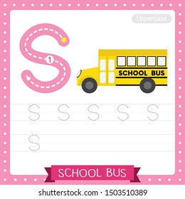 Letter S uppercase cute children colorful transportations ABC alphabet tracing practice worksheet of School Bus for kids learning English vocabulary and handwriting Vector Illustration.