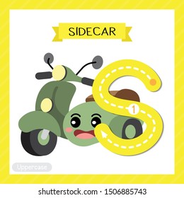 Letter S uppercase cute children colorful transportations ABC alphabet tracing flashcard of Sidecar for kids learning English vocabulary and handwriting Vector Illustration.