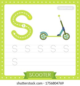 Letter S uppercase cute children colorful transportations ABC alphabet tracing practice worksheet of Scooter for kids learning English vocabulary and handwriting Vector Illustration.