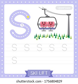 Letter S uppercase cute children colorful transportations ABC alphabet tracing practice worksheet of Ski Lift for kids learning English vocabulary and handwriting Vector Illustration.