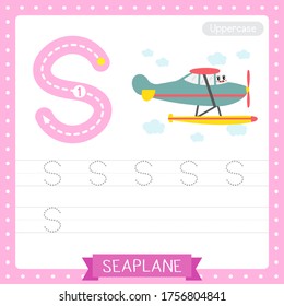 Letter S uppercase cute children colorful transportations ABC alphabet tracing practice worksheet of Seaplane for kids learning English vocabulary and handwriting Vector Illustration.