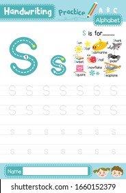 Letter S uppercase and lowercase cute children colorful ABC alphabet trace practice worksheet for kids learning English vocabulary and handwriting layout in A4 vector illustration. svg