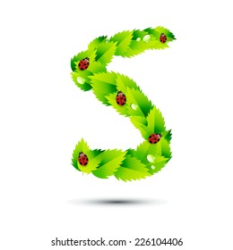 Letter S, vector alphabet of green leaves,ladybugs and water drop on white background