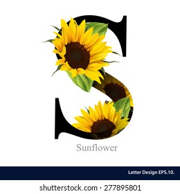 Letter S vector alphabet with sunflower. ABC concept type as logo. Typography design