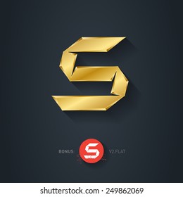 Letter S, Vector gold font. Elegant Template for company logo. 3d Metallic Design element or icon. Pseudo origami style, including flat version.