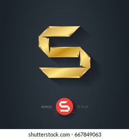 Letter S, Vector gold font. Elegant Template for company logo. Pseudo origami style, including flat version. 3d Metallic Design element or icon.