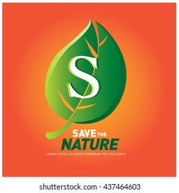 Letter S vector logo and icon save the nature. Go green poster design. Ecology campaign publication