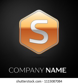 Letter S vector logo symbol in the golden hexagonal on black background. Vector template for your design